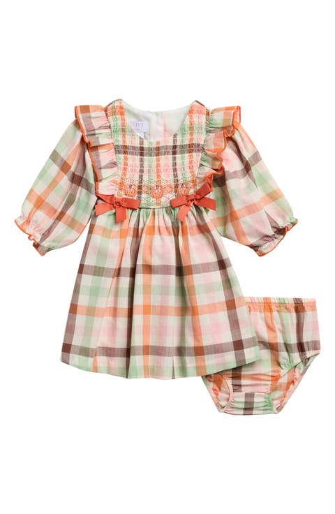 Harvest Plaid Smocked Long Sleeve Cotton Dress with Bloomers