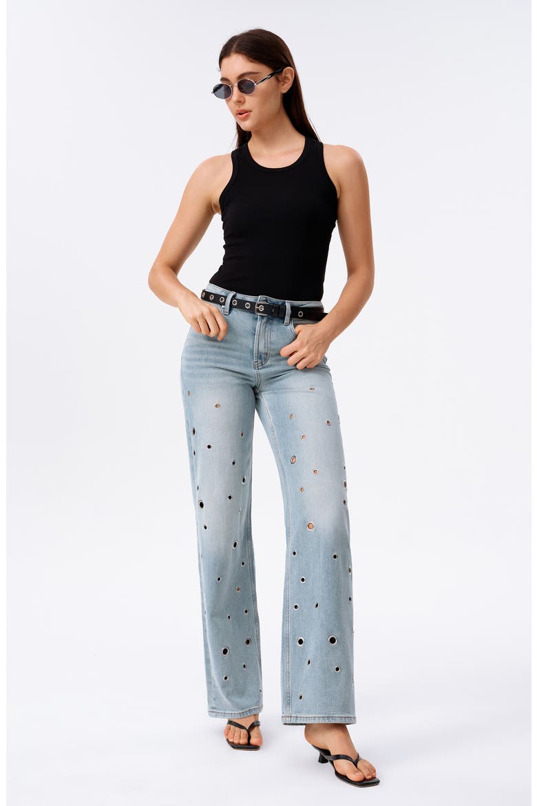 Eyelet High Waist Straight Leg Jeans, Alternate, color, SNOWDRIFT