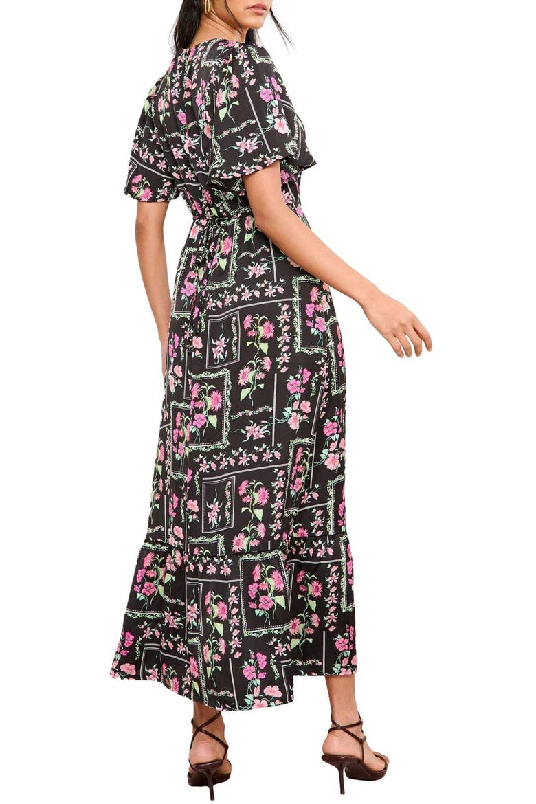 Floral Print Flutter Sleeve Maxi Dress, Alternate, color, BLACK