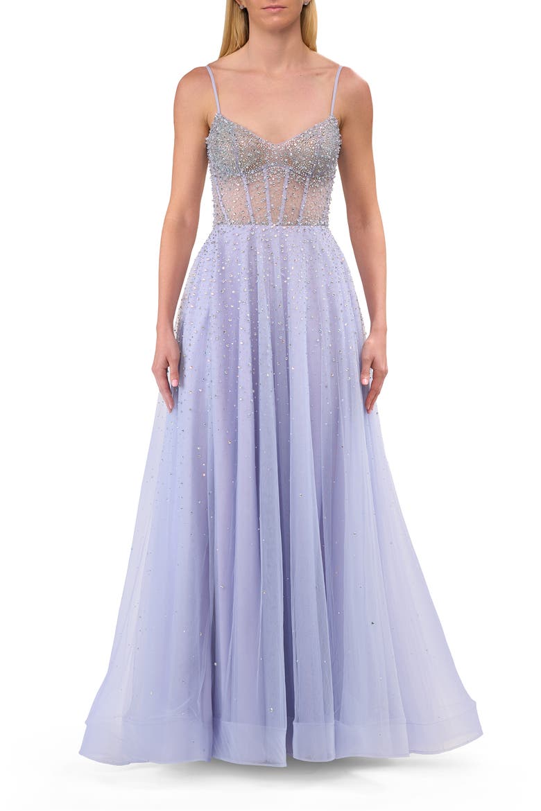 Rhinestone A-Line Tulle Prom Dress with Illusion Bodice, Alternate, color, Light Periwinkle