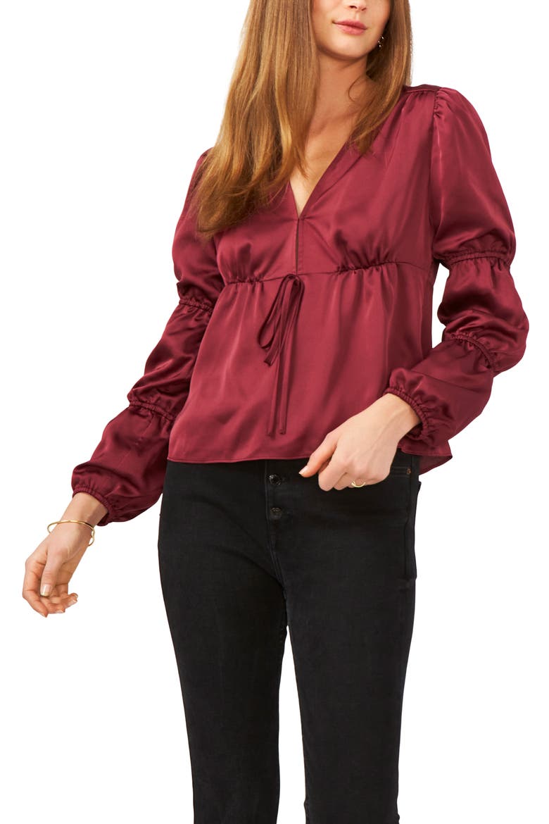 Tie Front Satin Blouse, Main, color, NAPA WINE