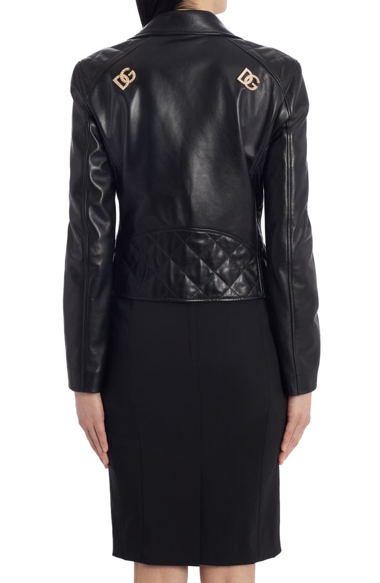 Dolce&Gabbana Crystal Logo Leather Biker Jacket, Alternate, color, 