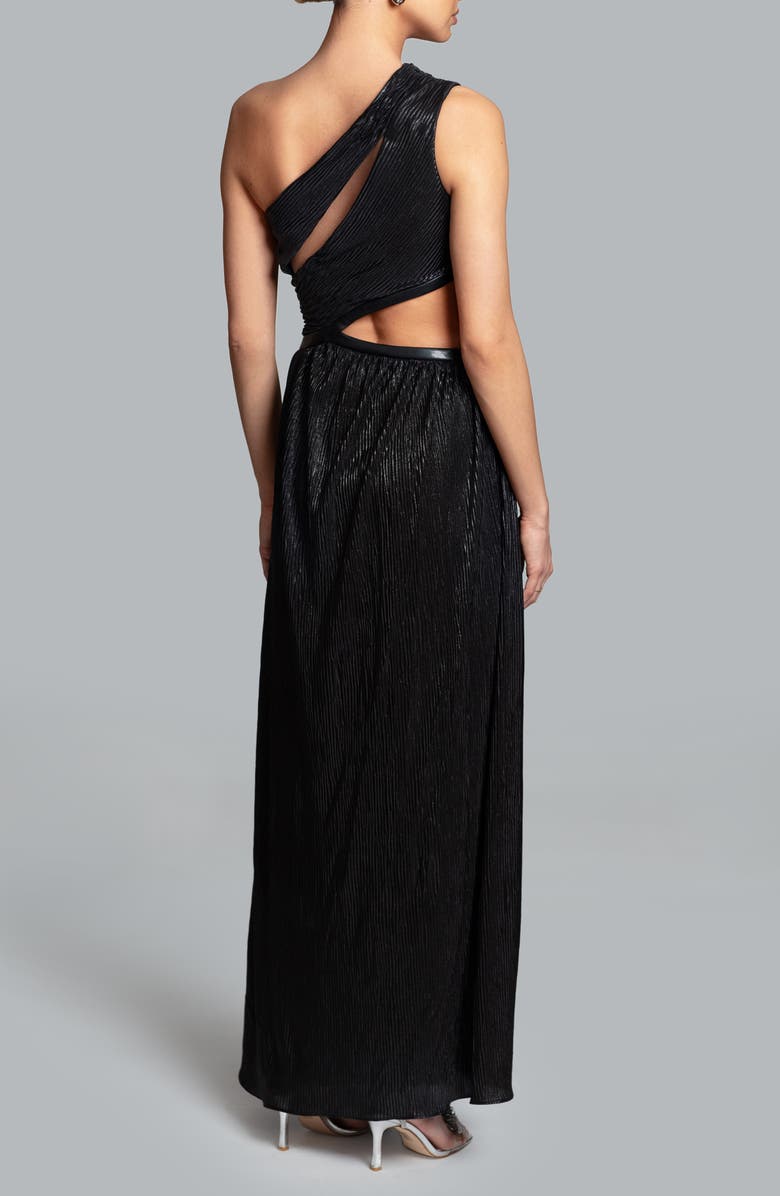 Ghrail Chelsea Cutout One-Shoulder Metallic Gown with Faux Leather Trim, Main, color, Black