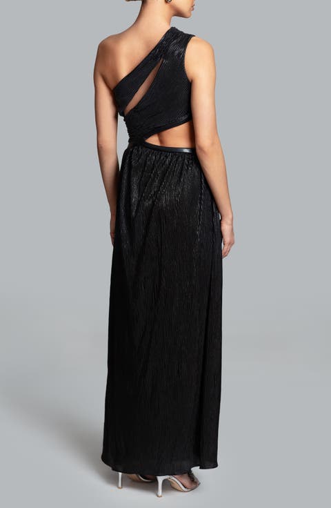 Chelsea Cutout One-Shoulder Metallic Gown with Faux Leather Trim