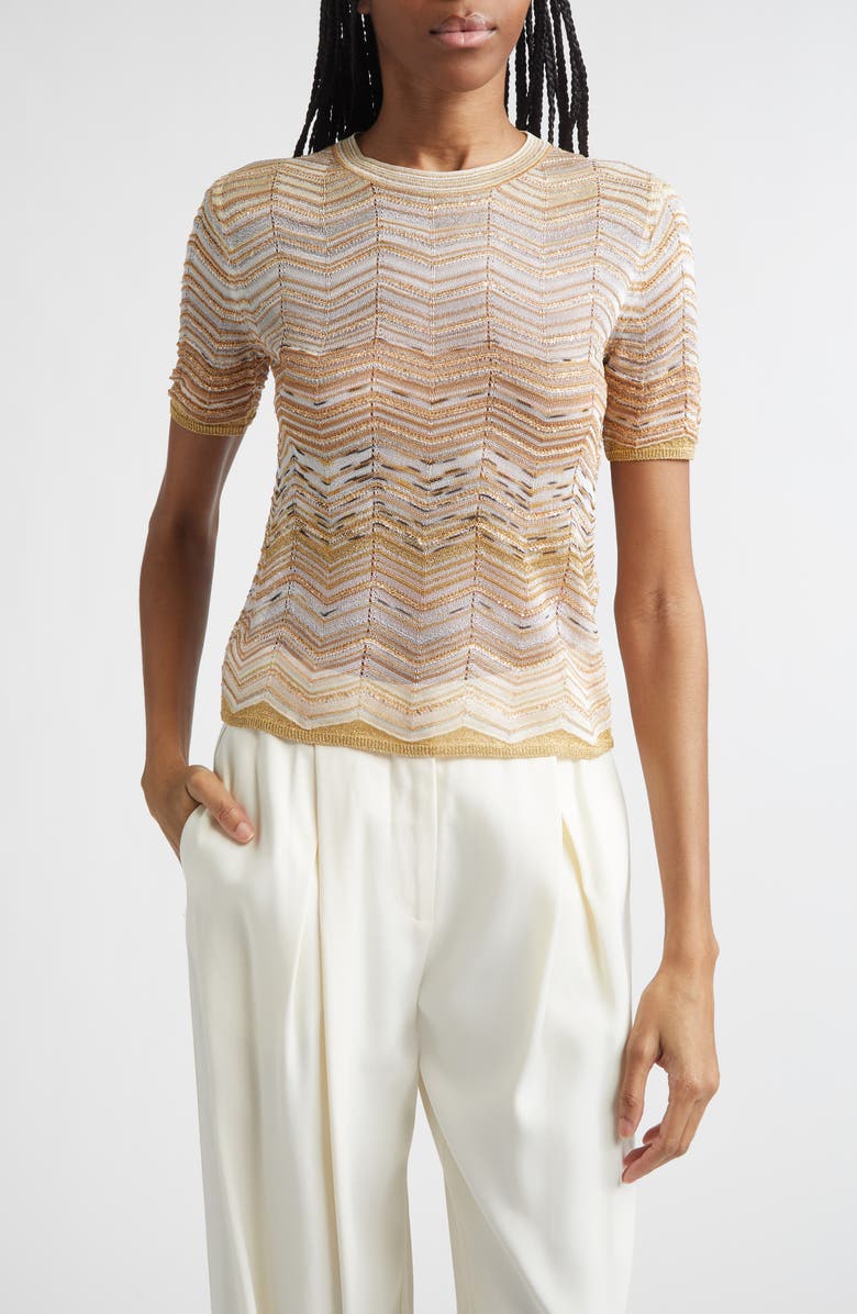 Missoni Zigzag Metallic Sequin Short Sleeve Crewneck Sweater, Main, color, Light Gold Tones