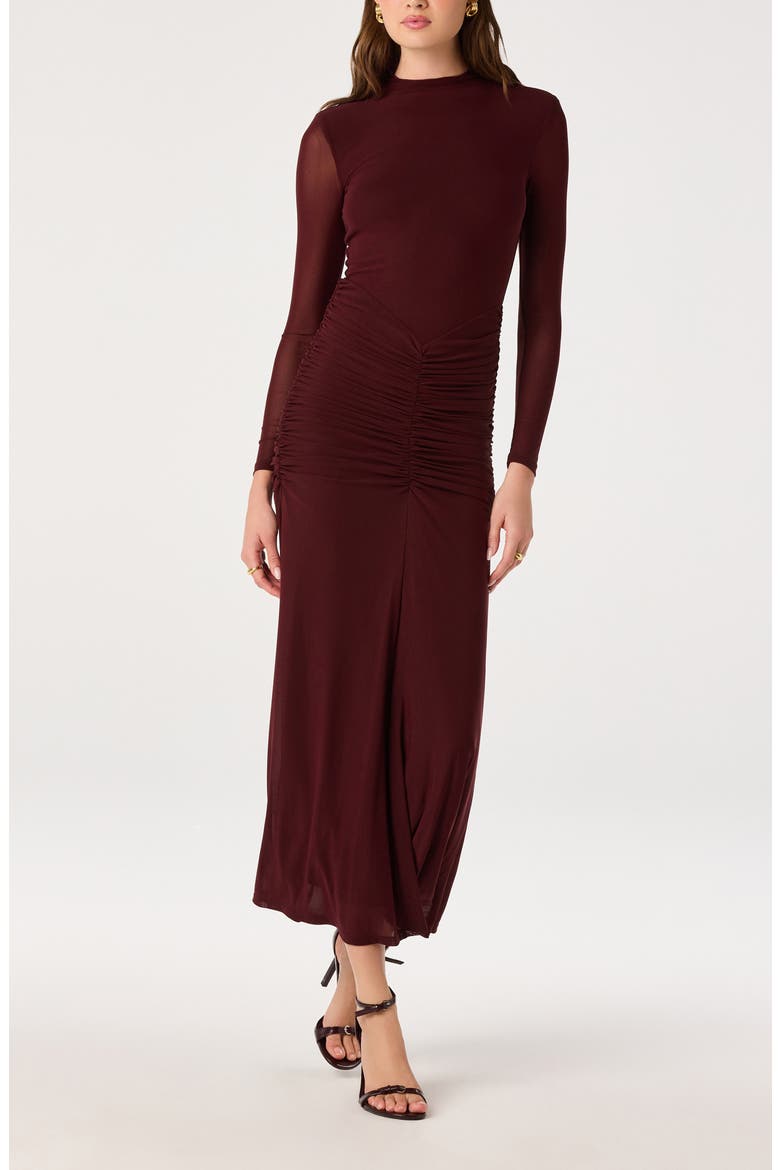 Romy Mock Neck Ruched Midi Dress, Alternate, color, BURGUNDY