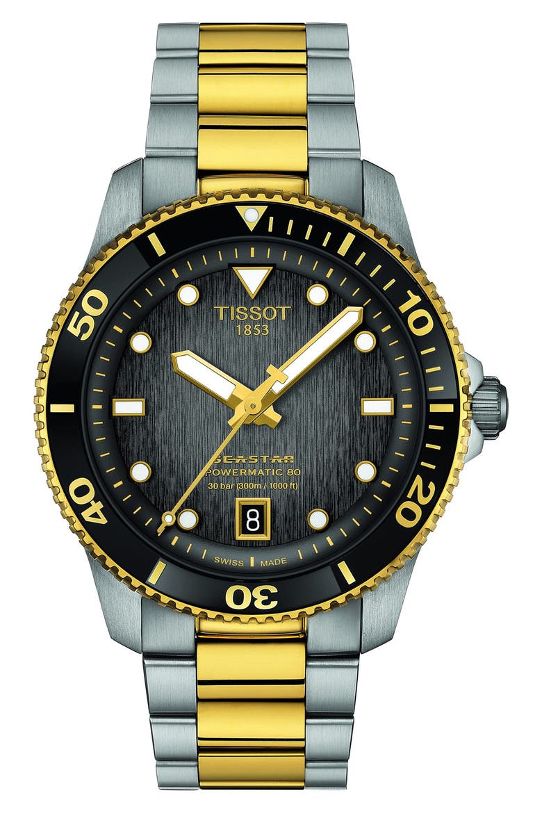 Tisso Seastar 1000 Powermatic 80 Bracelet Watch, 40mm, Main, color, BLACK/ YELLOW GOLD/ SILVER