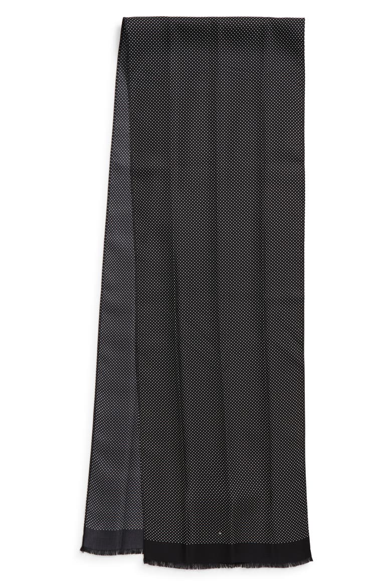 Polka Dot Silk Twill Fringe Scarf, Main, color, BLACK/ OFF WHITE