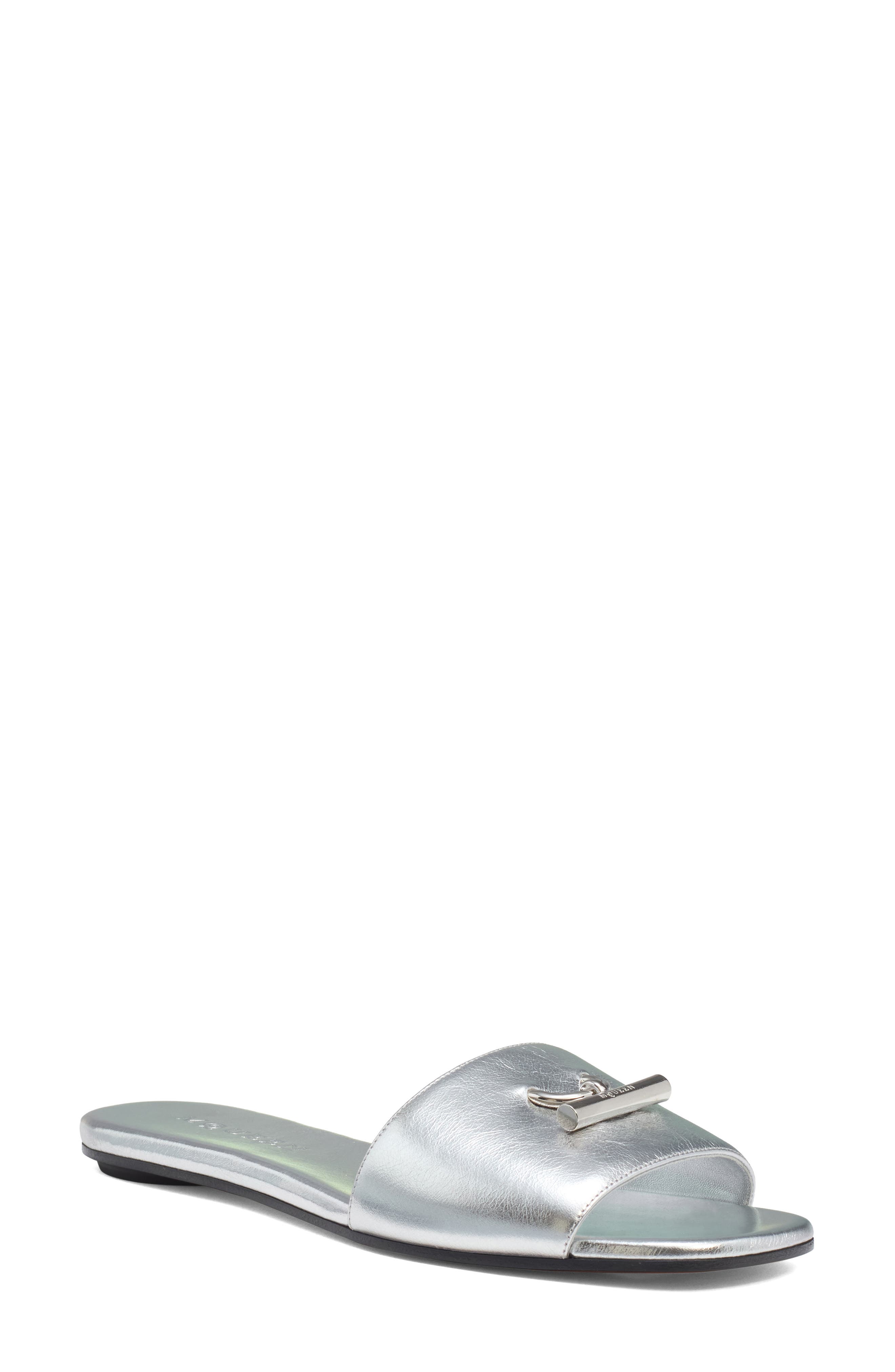 McQueen Metallic Leather Slide Sandal, Main, color, Silver/ Silver