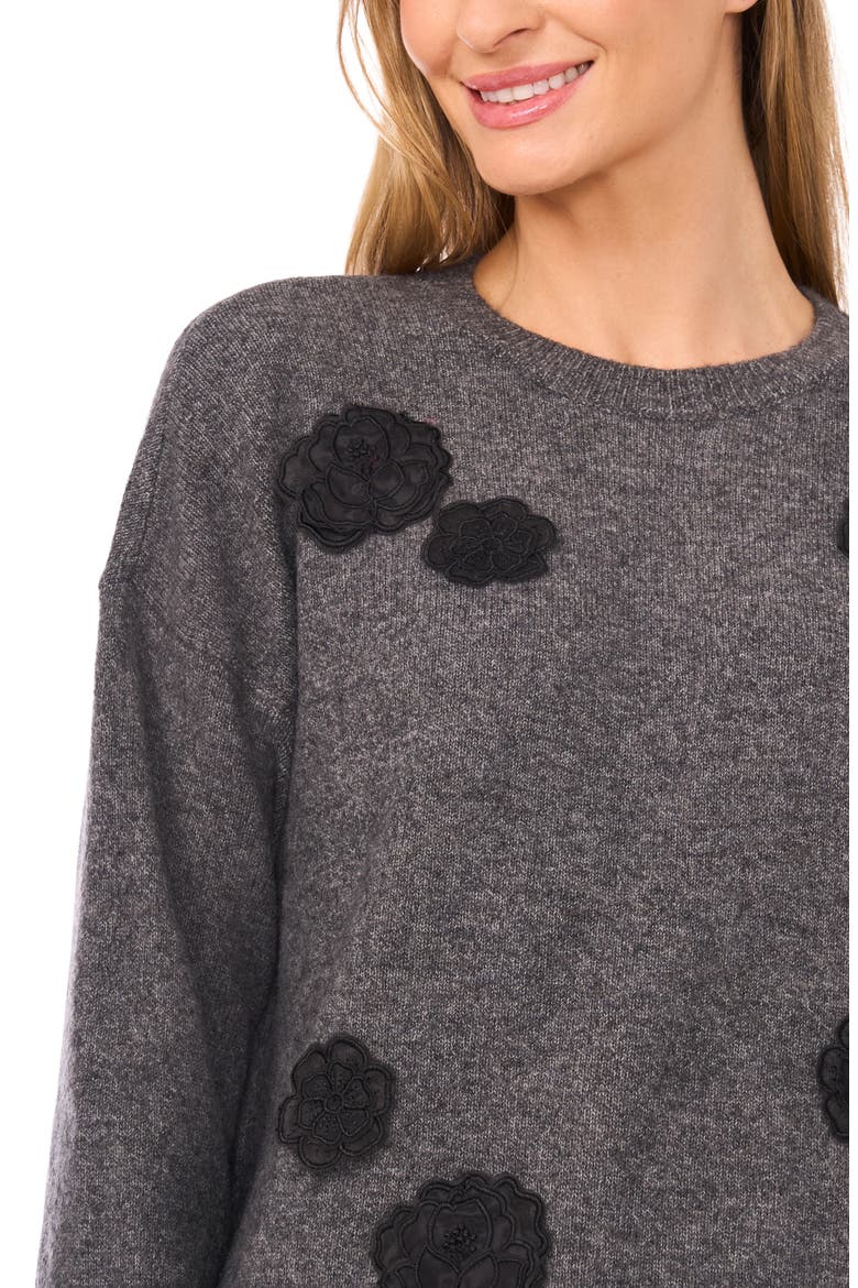 Floral Appliqué Sweater, Alternate, color, MEDIUM HEATHER GREY
