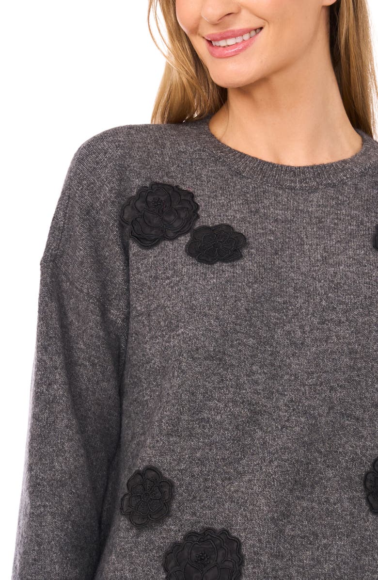 CeCe Floral Appliqué Sweater, Alternate, color, Medium Heather Grey