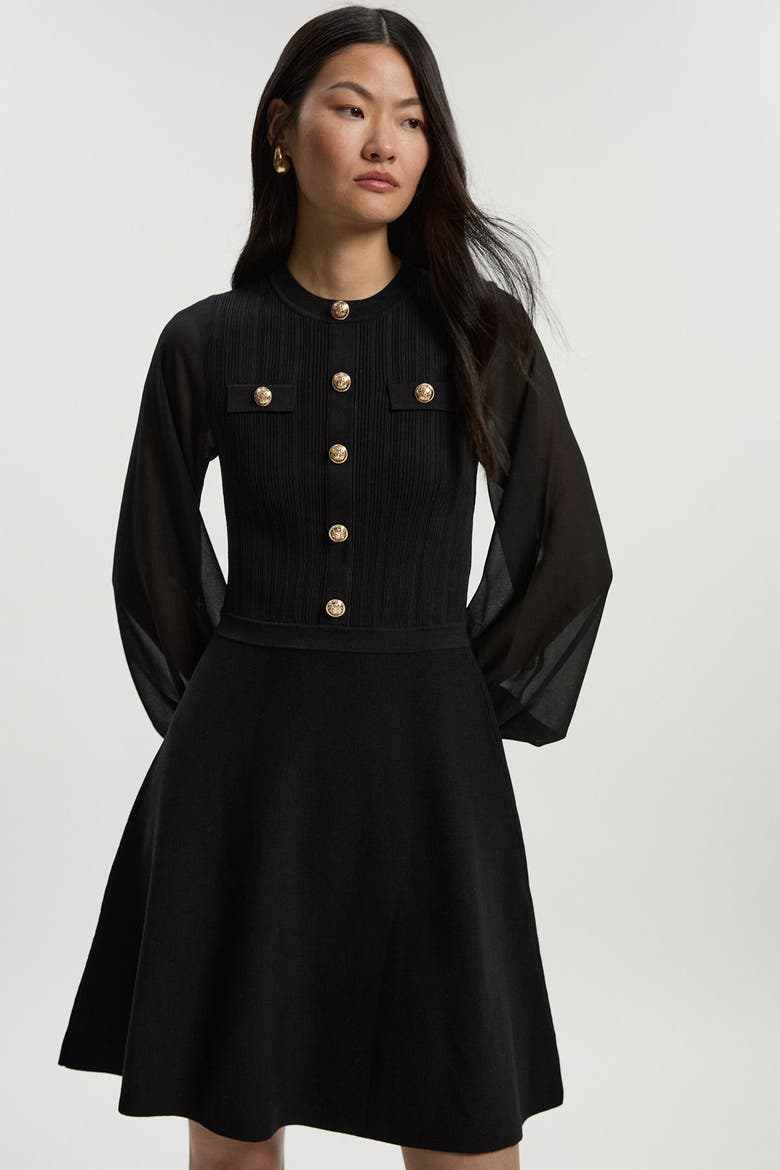 Chiffon Sleeve Military Mini Knit Dress, Main, color, Black