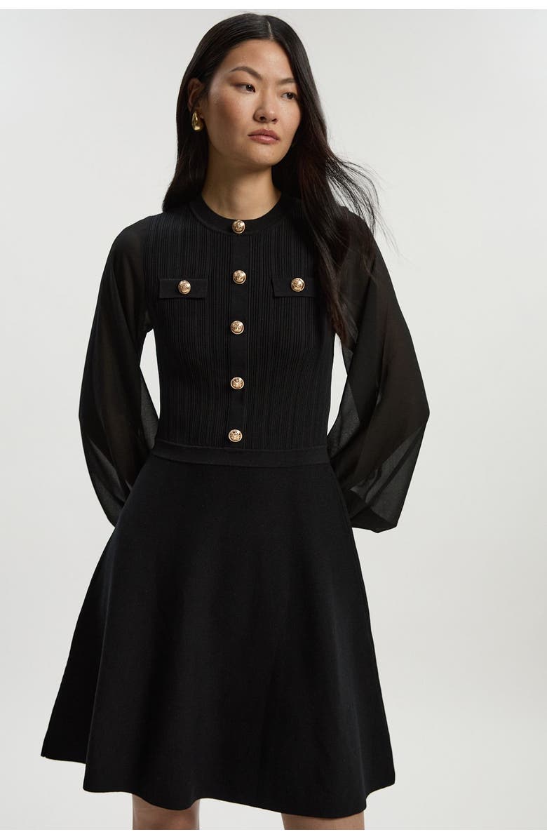 Karen Millen Chiffon Sleeve Mini Knit Dress, Main, color, Black