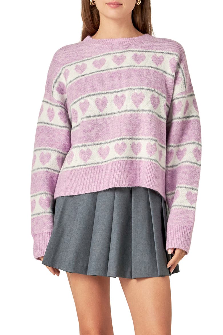 Heart Stripe Crewneck Sweater, Alternate, color, PINK