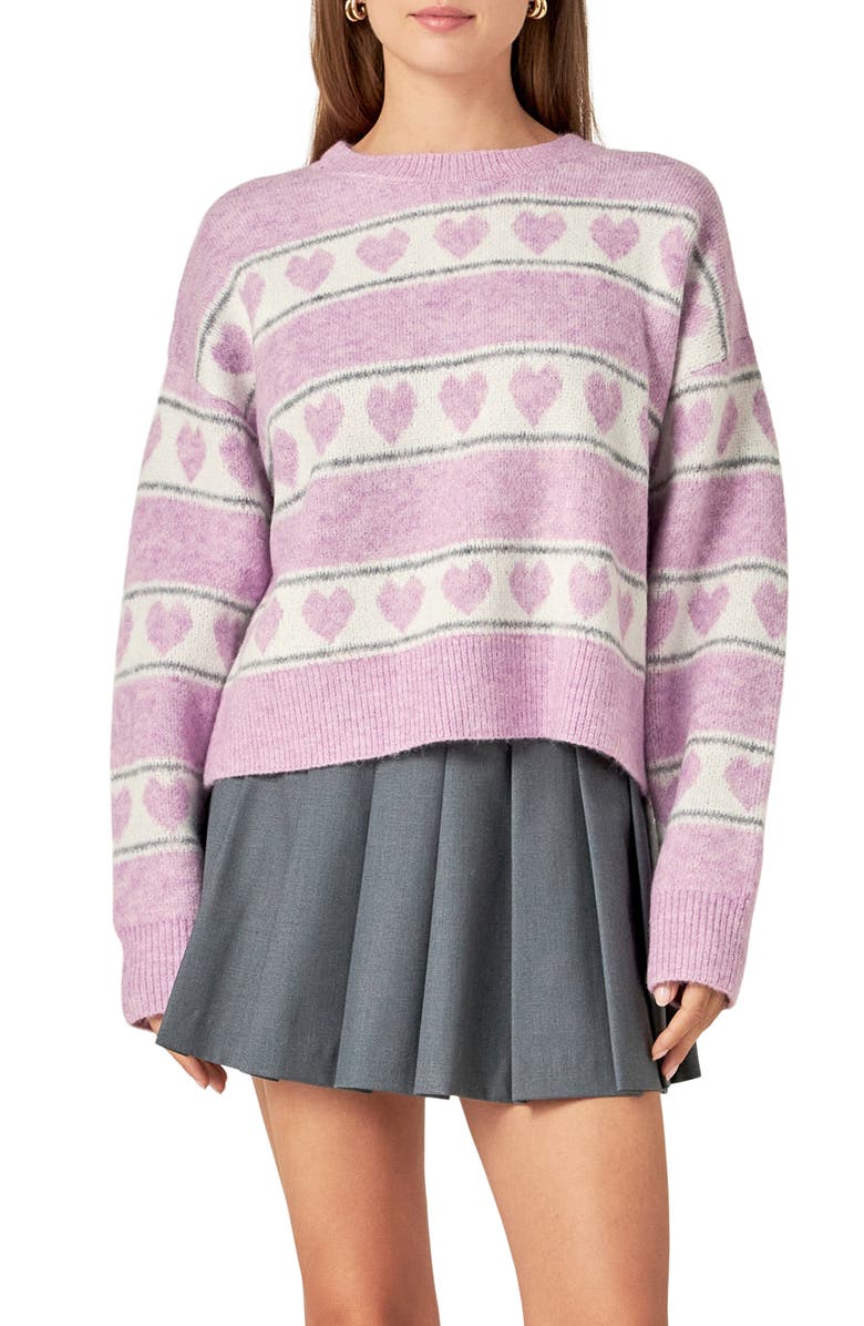 English Factory Heart Stripe Crewneck Sweater, Alternate, color, Pink