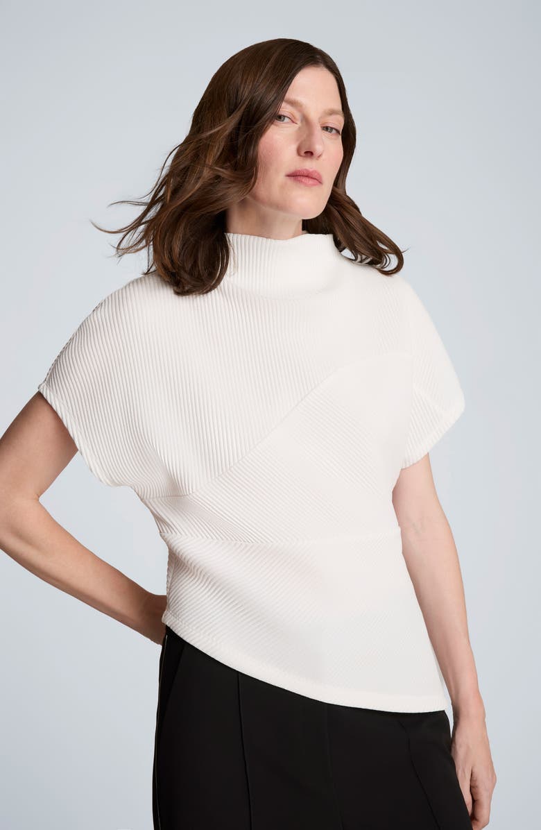 Kenneth Cole Asymmetric Mock Neck Rib Knit Top, Alternate, color, Feather White