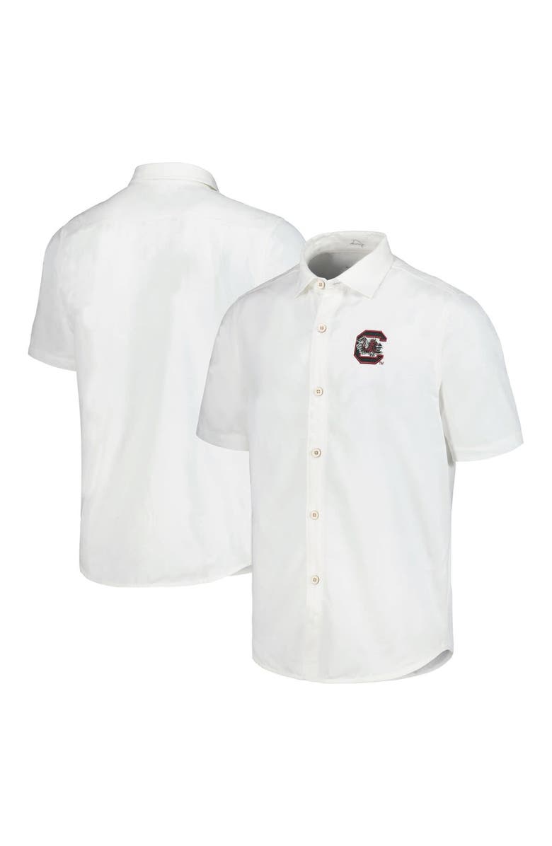 Tommy Bahama Men's Tommy Bahama White South Carolina Gamecocks Coconut Point Palm Vista IslandZone Camp Button-Up Shirt, Main, color,