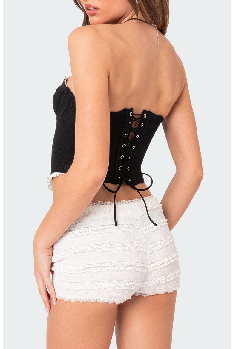 Tempting Ruffle Trim Strapless Corset Top, Alternate, color, BLACK