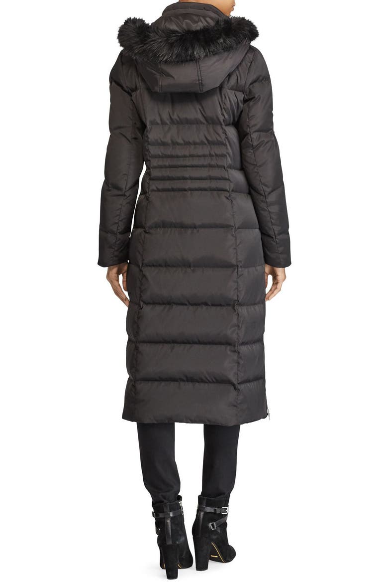 Faux Fur Trim Down & Feather Fill Maxi Coat, Alternate, color, BLACK