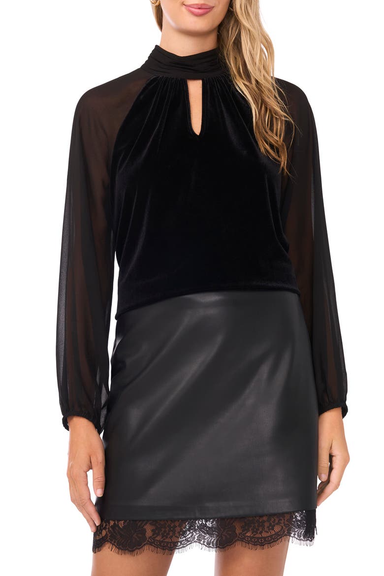 Sheer Sleeve Velvet Top, Main, color, RICH BLACK