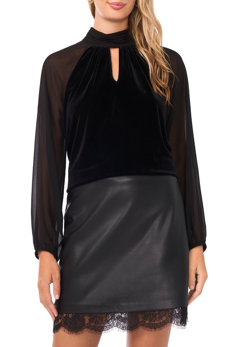 Vince Camuto Sheer Sleeve Velvet Top, Main, color, Rich Black