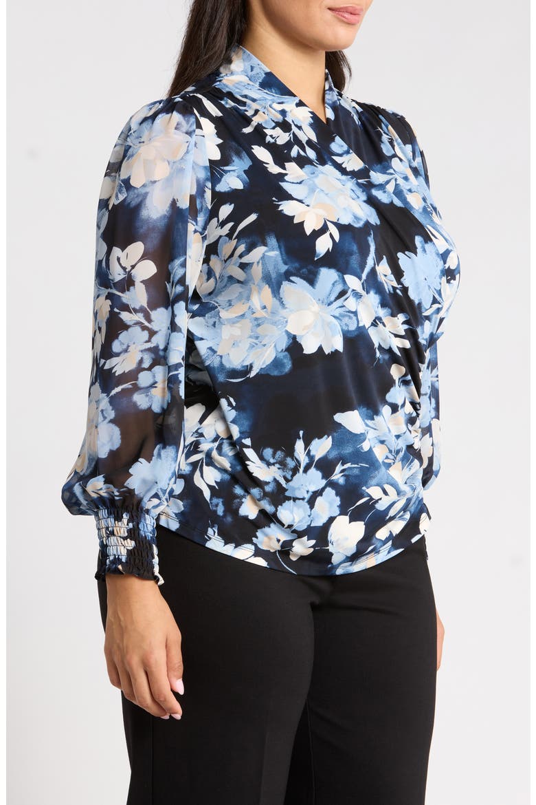 Floral Mixed Media Faux Wrap Blouse, Alternate, color, DUTCH BLUE MULTI