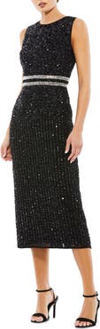 Mac Duggal Sleeveless High Neck Beaded Midi Sheath Dress