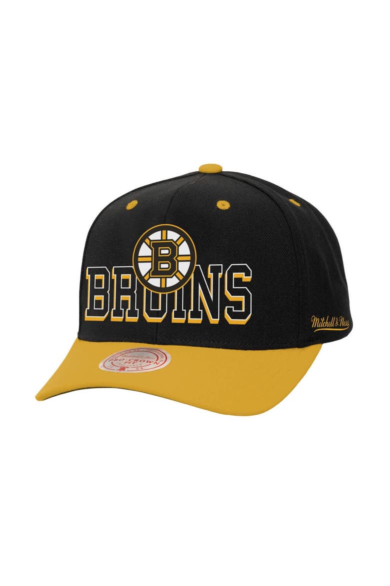 Men's Mitchell & Ness Black/Gold Boston Bruins Backside Script 2-Tone Pro Crown Adjustable Hat, Main, color, Black