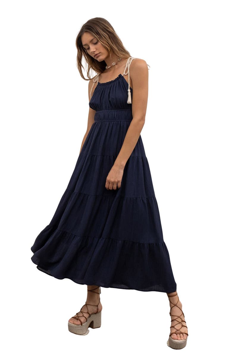 MOON RIVER Tie Strap Shirred Midi Dress, Alternate, color,