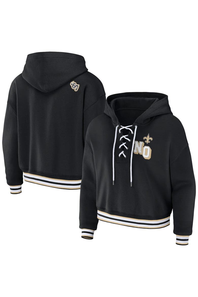 Women's WEAR by Erin Andrews Black New Orleans Saints Lace-Up Pullover Hoodie, Main, color, Black