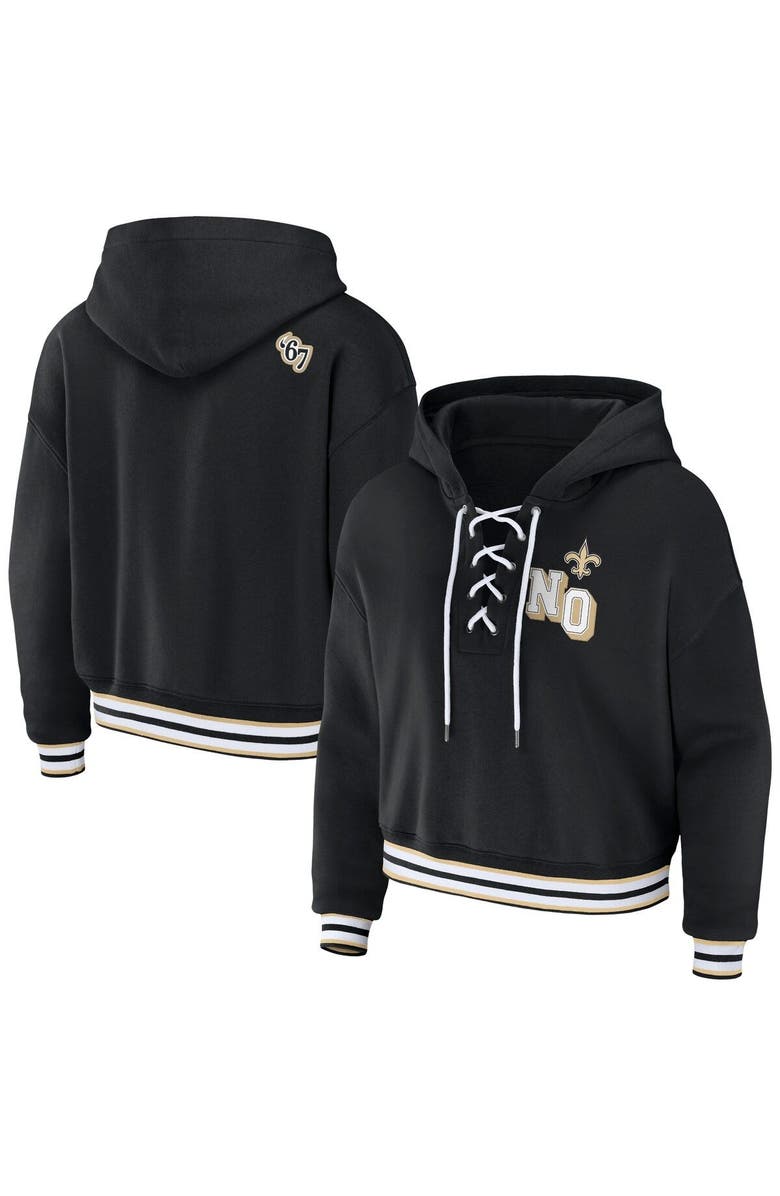 WEAR by Erin Andrews Women's WEAR by Erin Andrews Black New Orleans Saints Lace-Up Pullover Hoodie, Main, color, Black