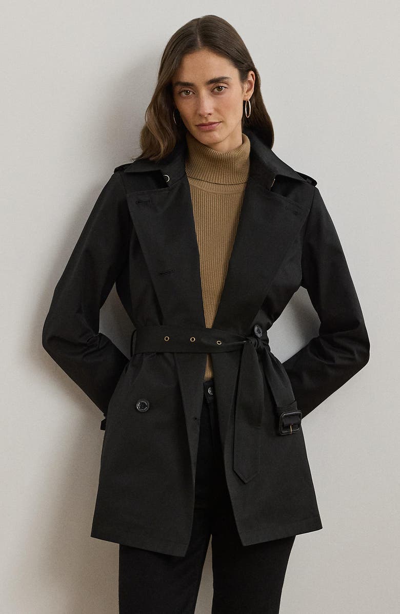 Lauren Ralph Lauren Double Breasted Belted Cotton Blend Trench Coat, Alternate, color, Black
