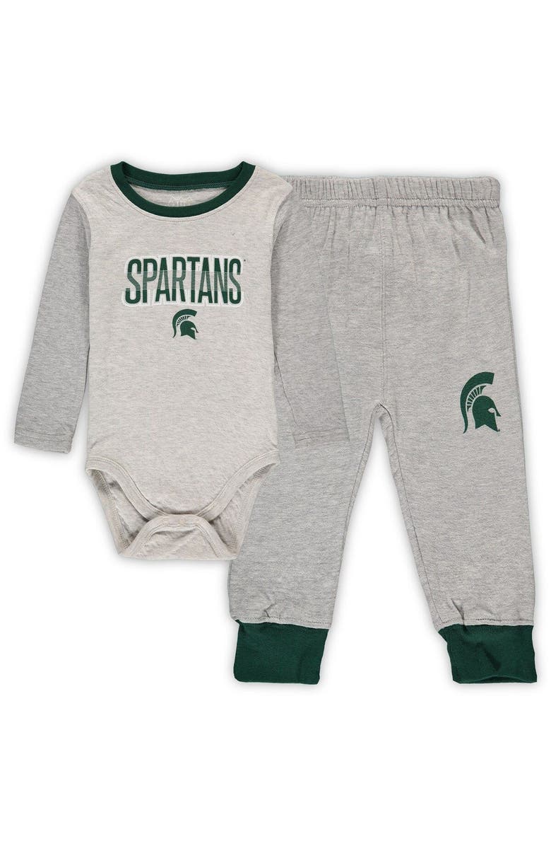 Wes & Willy Infant Wes & Willy Heathered Gray/Green Michigan State Spartans Jie Jie Long Sleeve Bodysuit & Pants Set, Main, color, Heather Gray