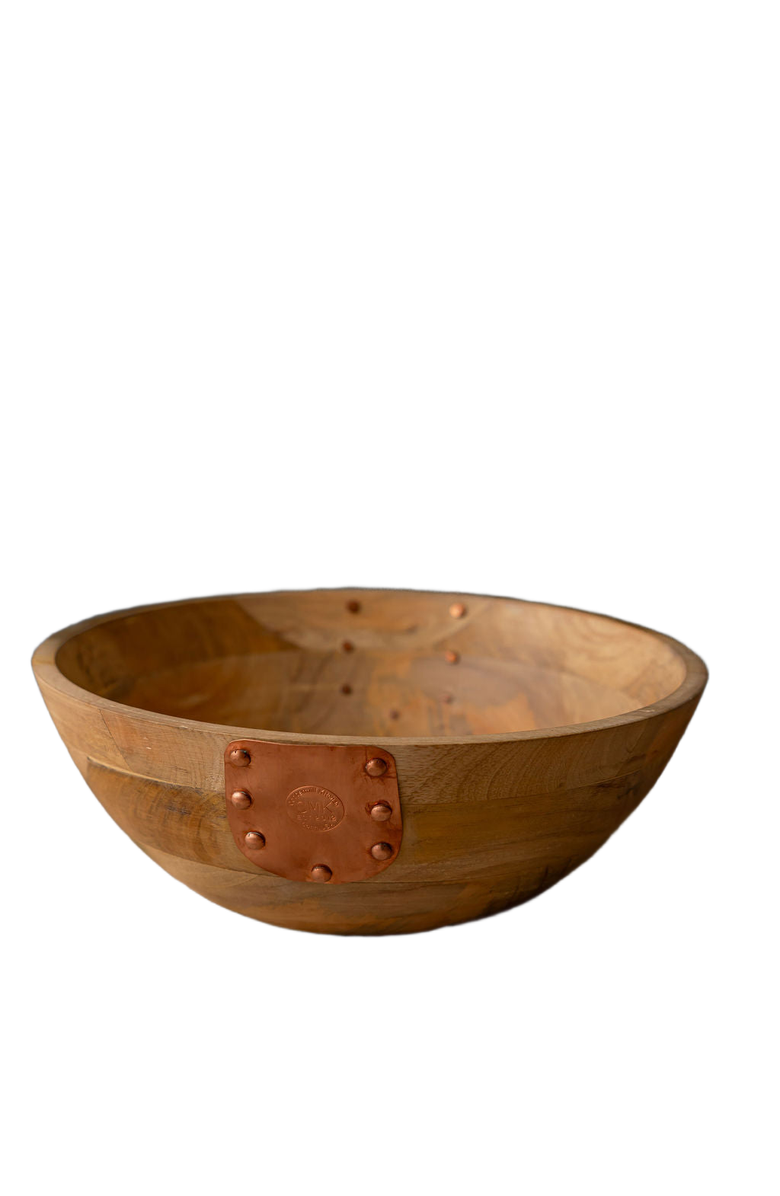 Coppermill Kitchen Vintage Inspired Wooden Serving Bowl with Handmade Copper Details, Main, color, Brown