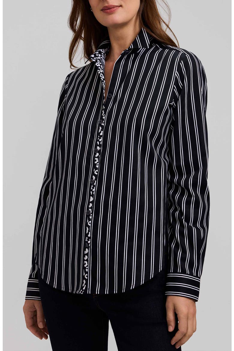 Charlie Stripe Animal Print Trim Cotton Button-Up Shirt, Main, color, BLACK/ WHITE