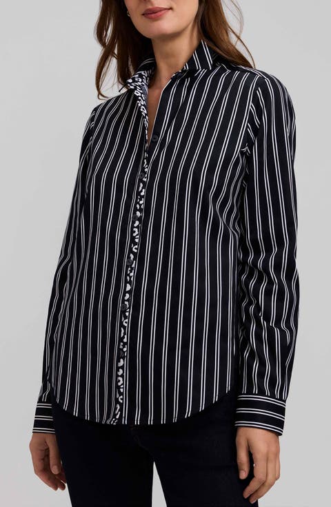 Charlie Stripe Animal Print Trim Cotton Button-Up Shirt