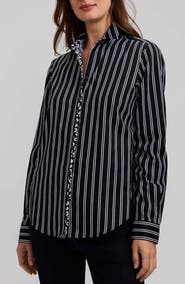 Foxcroft Charlie Stripe Animal Print Trim Cotton Button-Up Shirt