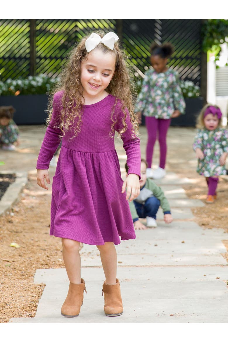 Girls Waffle Knit Long Sleeve Twirl Dress, Alternate, color, Eggplant Harvest
