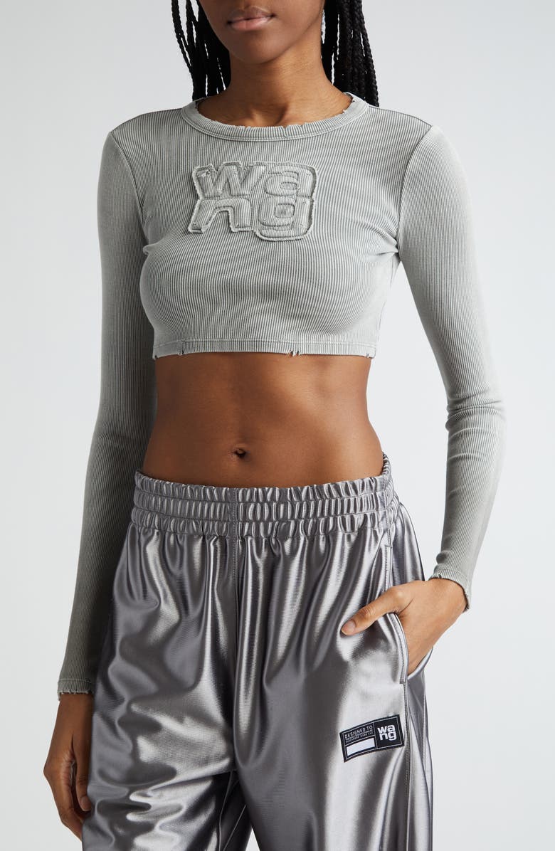 Alexander Wang Distressed Logo Long Sleeve Crop Rib T-Shirt, Alternate, color, 