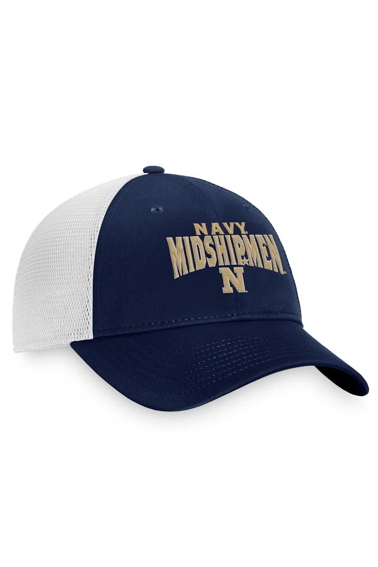 Men's Top of the World Navy/White Navy Midshipmen Breakout Trucker Snapback Hat, Alternate, color, Navy