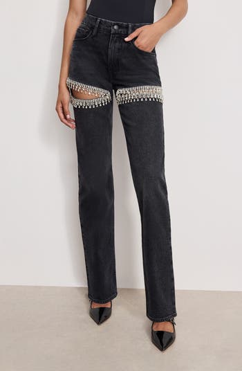 Good Icon Crystal Embellished Cutout Straight Leg Jeans