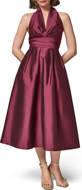 Donna Karan New York Plunge Neck Taffeta Midi Dress