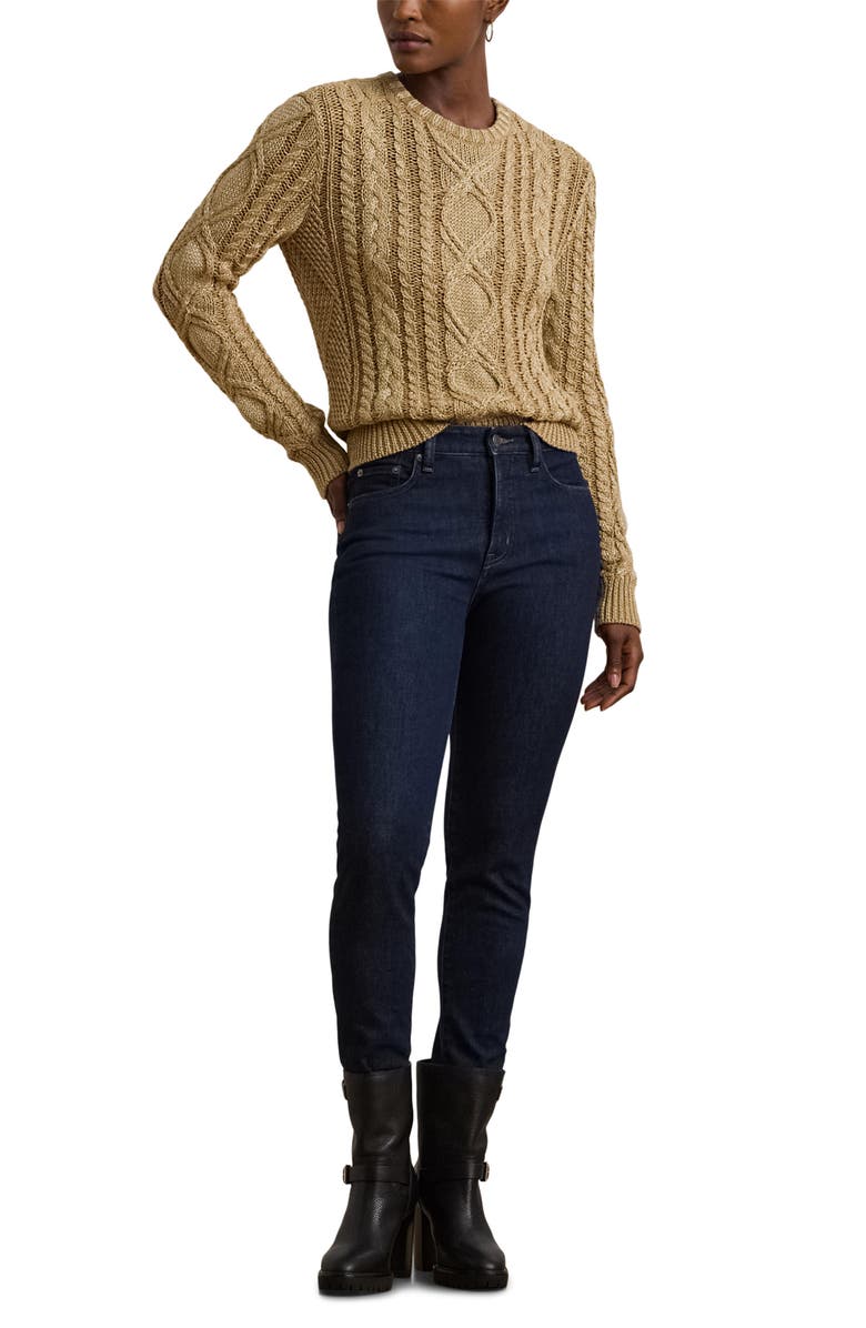 Lauren Ralph Lauren Metallic Cotton Blend Cable Stitch Crewneck Sweater, Alternate, color, 
