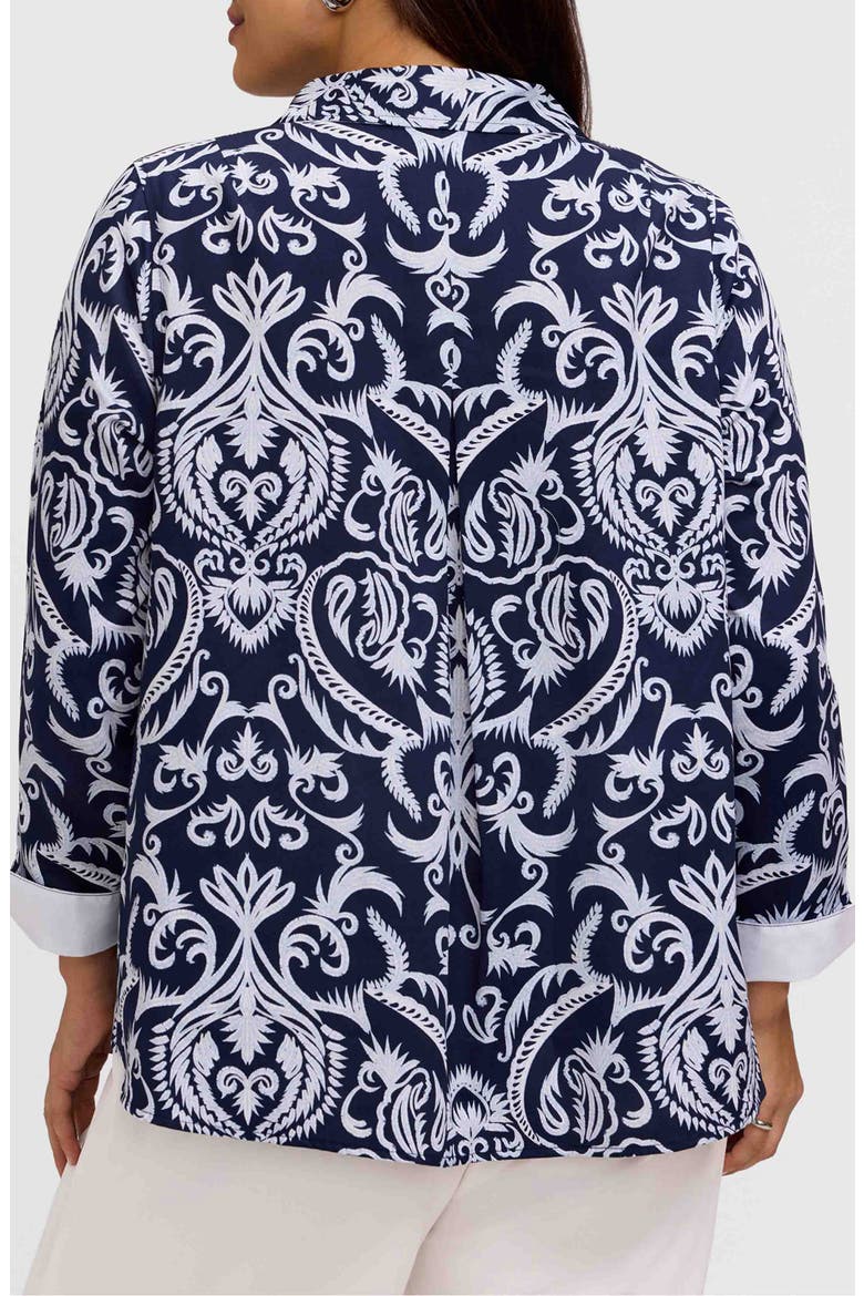 Agnes Florentine Print Three-Quarter Sleeve Cotton Popover Top, Alternate, color, NAVY BLUE/ WHITE