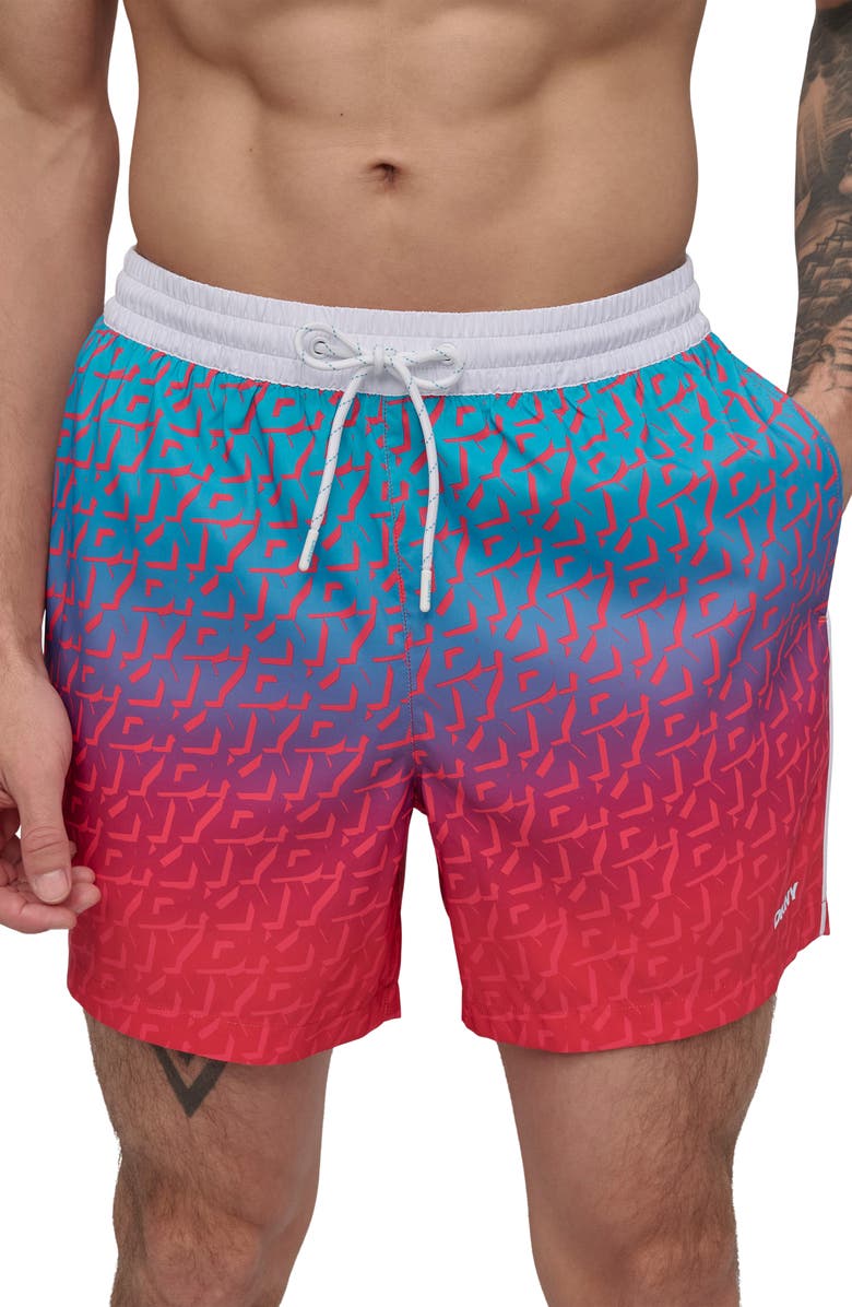 DKNY Modern Euro Swim Trunks, Main, color, Red Multi