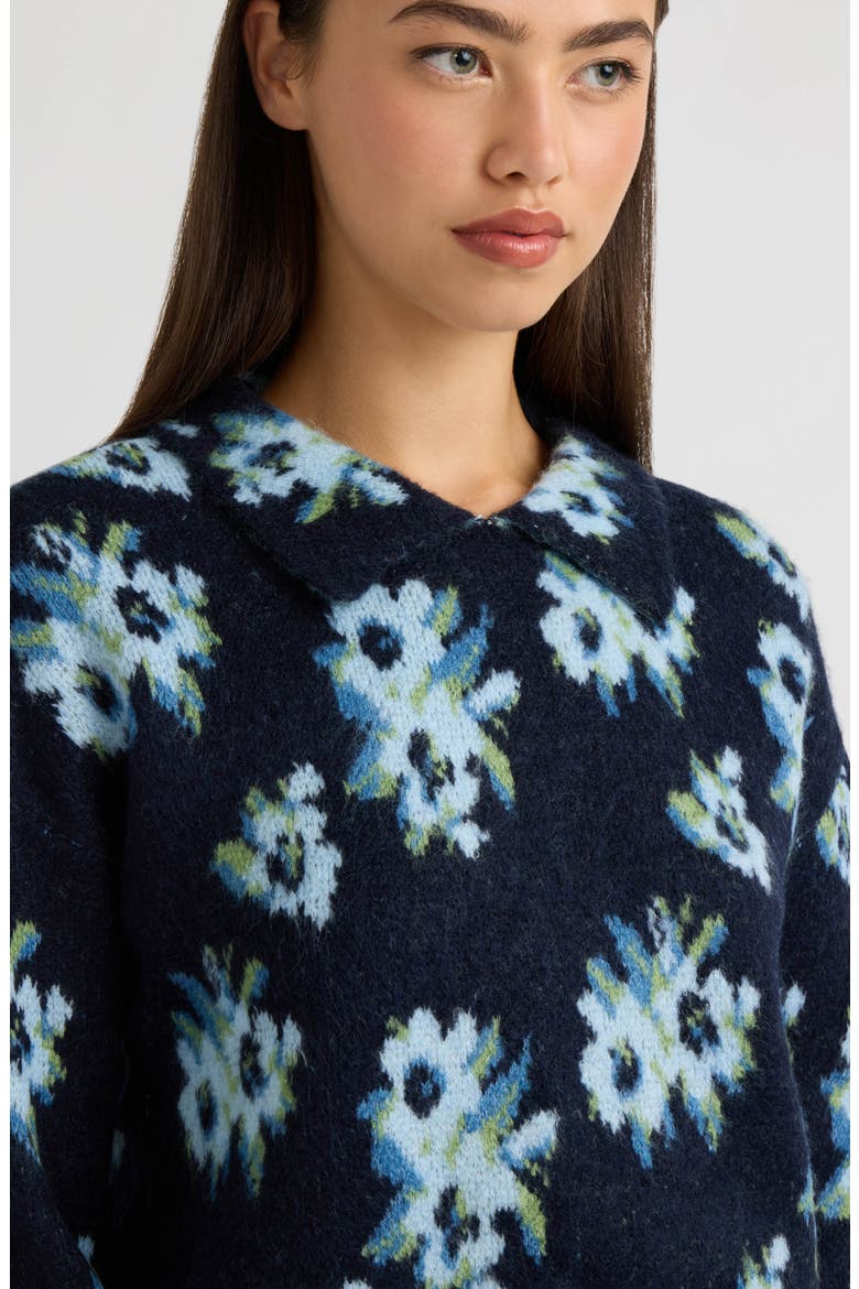 Floral Jacquard Collared Sweater, Alternate, color, NAVY/ BLUE FLORAL