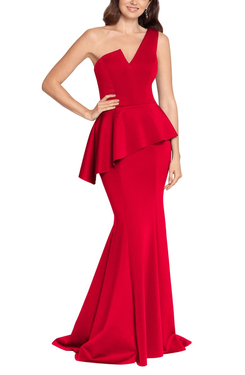 Betsy & Adam One-Shoulder Scuba Crepe Mermaid Gown, Main, color, 