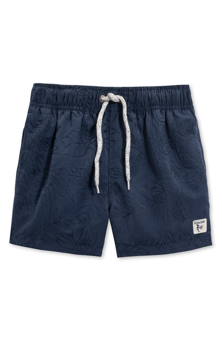 THE ENDLESS SUMMER Kids' Embroidered Leaf Volley Swim Shorts, Main, color, Navy
