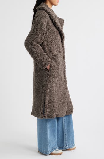 Notch Collar Faux Shearling Long Coat