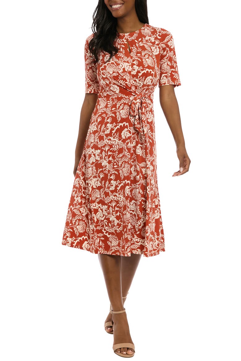 Side Tie Jersey Midi Dress, Main, color, RUST/ BEIGE